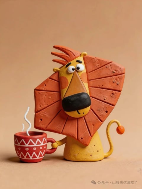 This is a stylized, cartoonish claymation-style lion character with a whimsical, handcrafted aesthetic. The character has a triangular yellow face with large, round, white eyes and small black pupils, a prominent black oval nose, and a subtle, slightly downturned mouth line. Its distinctive mane is a large, geometric, fan-shaped structure made of reddish-brown clay with segmented, radiating panels and a textured, slightly pitted surface. A small tuft of spiky orange clay hair sits atop its head. The body is a simple, rounded yellow form, and a thin, curved yellow tail with an orange tuft at the end curls behind it. The character is posed holding a small, red ceramic-style mug with white zigzag and dot patterns, from which two wispy, white clay steam tendrils rise. The overall color palette is warm, featuring yellows, oranges, and reddish-browns against a plain, light tan background. The character exudes a gentle, slightly melancholic or contemplative mood, with its wide-eyed, side-glancing expression and the act of holding a warm drink.
