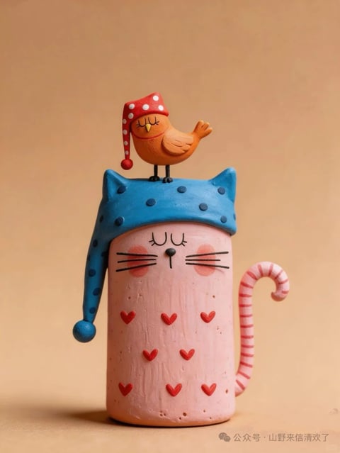 This is a stylized, handcrafted clay figurine depicting a whimsical, sleeping cat-like character with a small bird perched on its head. The main character has a cylindrical, soft pink body with a smooth, matte texture, adorned with a pattern of small, raised red hearts. Its face features closed, curved black lines for eyes, a small black nose, and three thin black whiskers on each side, with subtle pink blush circles on its cheeks. It wears a long, floppy blue sleeping cap with dark blue polka dots, which drapes down its left side and ends in a blue pom-pom. A curved, striped pink-and-white tail extends from its right side. Perched atop the blue cap is a small, round orange bird with closed eyes, a tiny yellow beak, and thin black legs, wearing a red sleeping cap with white polka dots and a red pom-pom. The overall style is cute, cartoonish, and illustrative, with a soft, warm color palette dominated by pink, blue, orange, and red, set against a plain, neutral beige background.