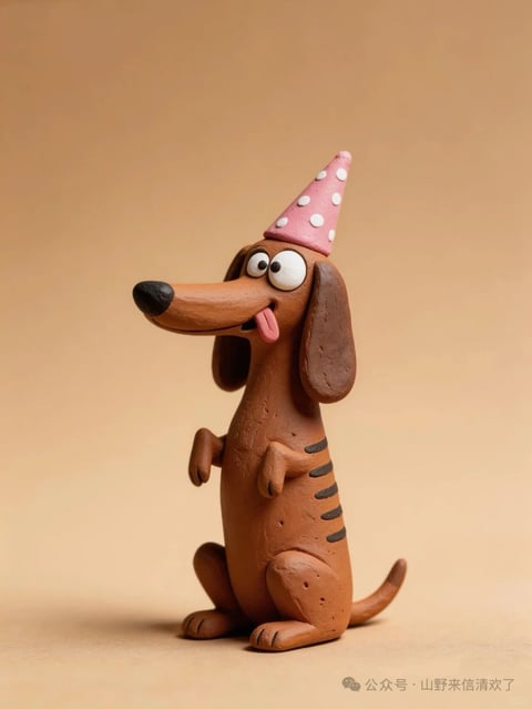 This is a stylized claymation character of a dachshund-like dog, presented as a single figurine against a solid, warm beige background. The character has a long, cylindrical brown body with a smooth, matte texture, a prominent elongated snout tipped with a large black nose, and large, round, wide-open white eyes with small black pupils that give it a surprised or excited expression. Its mouth is open, revealing a pink tongue lolling out to one side. The dog has long, floppy brown ears that hang down beside its head. It is posed in a seated, upright position on its haunches, with its small front paws held up near its chest and its short back legs planted firmly. A distinctive feature is a series of dark brown, horizontal stripes painted along its lower back and tail. The character wears a small, conical pink party hat decorated with white polka dots, perched jauntily on its head. The overall style is cartoonish and whimsical, with exaggerated proportions and a playful, celebratory mood conveyed through the accessory and the character's eager expression.