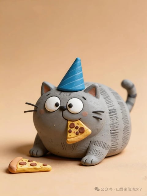 This is a stylized, cartoonish clay figurine of a plump, gray tabby cat with a round, spherical body and short, stubby limbs. Its facial features include large, wide-set white eyes with small black pupils, a tiny black nose, thin black whiskers, and faint pink blush marks on its cheeks. The cat has a cheerful, slightly surprised expression with a small smile. It wears a blue, cone-shaped party hat with thin, lighter blue diagonal stripes. Its fur texture is smooth with incised gray lines indicating tabby stripes on its back, legs, and tail. The cat is in a low, crawling posture, holding a slice of pepperoni pizza in its mouth. A second, identical pizza slice rests on the surface in front of it. The overall style is whimsical and handcrafted, with a matte finish suggesting polymer clay or a similar material, set against a plain, warm beige background.