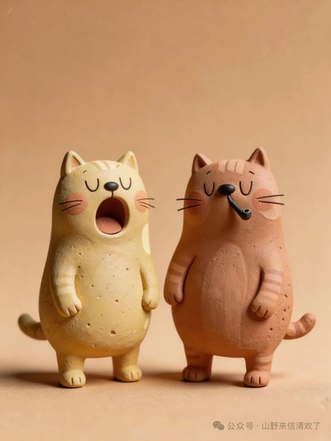The image features two stylized, anthropomorphic cat figurines standing side-by-side against a plain, warm beige background. The figurine on the left is a pale, creamy yellow with subtle darker yellow stripes on its head, arms, and tail, and a small white patch on its back. It has a rounded, plump body with short limbs, a wide-open mouth suggesting a yawn or song, closed eyes with simple curved lines, a small black nose, and pink blush circles on its cheeks. The figurine on the right is a warm terracotta brown with lighter brown stripes on its head, arms, and tail. It shares the same rounded, plump body shape and short limbs, but its expression is calm with closed eyes, a small black nose, and it holds a small black pipe in its mouth. Both figures have a matte, slightly textured surface resembling clay or ceramic, with simple, hand-painted facial features including thin black whiskers and eyebrows. Their posture is upright and static, with arms hanging loosely at their sides, conveying a sense of relaxed, whimsical charm typical of folk art or decorative collectibles.