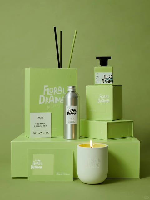 This image presents a photorealistic 3D rendering of a product collection, styled as a sophisticated moodbook reference. The visual aesthetic is clean, modern, and minimalist, with a focus on precise product presentation. The dominant color language is a monochromatic palette of soft, muted sage green, applied across the background, packaging, and some product elements, creating a cohesive and calming visual field. Accents of metallic silver, matte black, and crisp white provide subtle contrast without disrupting the harmonious green tone. The lighting is soft and diffused, appearing to come from a broad, frontal source, which minimizes harsh shadows and creates gentle, even illumination that highlights the forms and textures of the objects. The texture and material feel are rendered with high fidelity: the matte, slightly textured paper of the green boxes contrasts with the smooth, reflective metallic surface of the silver diffuser bottle, the glossy ceramic of the white candle holder, and the soft, fibrous quality of the diffuser reeds. Compositionally, the objects are arranged in a balanced, asymmetrical stack on a flat surface against a seamless backdrop, creating a sense of ordered depth through overlapping planes and careful placement. The shape language is predominantly geometric and structured, featuring clean rectangular boxes, cylindrical bottles, and a rounded candle vessel, with sharp, well-defined edges. The overall mood and atmosphere are serene, elegant, and subtly luxurious, conveying a sense of calm, curated tranquility through its restrained color palette, soft lighting, and orderly arrangement.