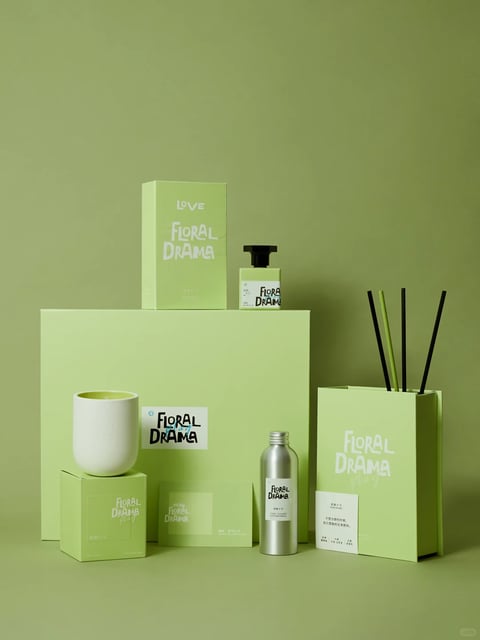 The image presents a cohesive product photography composition rendered in a clean, photorealistic 3D style. The dominant color language is a monochromatic scheme of soft, muted sage green, applied uniformly across the background, geometric display plinths, and product packaging, with subtle saturation variations creating depth. Lighting is soft and diffused, appearing to originate from the upper left, casting gentle, elongated shadows that define the forms without harsh contrast, contributing to a calm and serene mood. Textures are smooth and matte, with the exception of a metallic silver bottle that provides a subtle reflective counterpoint. The composition is structured around geometric shapes—cubes and rectangles—arranged in a balanced, asymmetrical layout with clear foreground, middle ground, and background layers. Shape language is predominantly geometric with crisp edges, contrasted by the organic form of a white ceramic vessel. The overall atmosphere is minimalist, modern, and tranquil, with a low-energy, sophisticated visual weight.