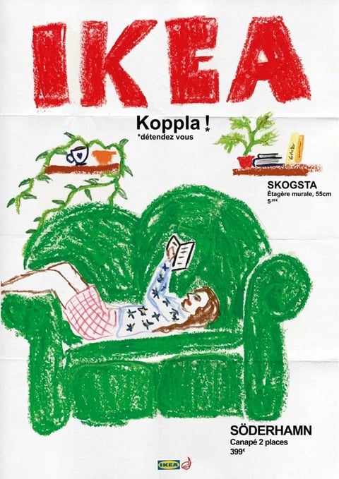 This image is an illustrative poster rendered in a hand-drawn, crayon or pastel sketch style with visible, textured strokes that create a tactile, organic feel. The color language is dominated by vibrant, saturated primary and secondary colors, featuring bold reds for the 'IKEA' lettering, a lush, deep green for the large sofa, and bright whites for the background, with accents of blue, orange, and brown in the smaller details. Lighting is flat and ambient, with no directional shadows, emphasizing the graphic, two-dimensional quality of the illustration. Texture is highly pronounced, with the rough, grainy texture of the drawing medium evident throughout, giving the surfaces a soft, slightly uneven appearance. The composition is centered and straightforward, with the large green sofa anchoring the lower half, the figure reclining diagonally across it, and the text and smaller shelf illustrations arranged symmetrically above. Shape language is soft and rounded, with organic, flowing lines defining the sofa and figure, contrasted by the blocky, hand-rendered typography. The overall mood is relaxed, playful, and casual, evoking a sense of cozy, everyday comfort through its informal, sketch-like execution and bright, cheerful palette.