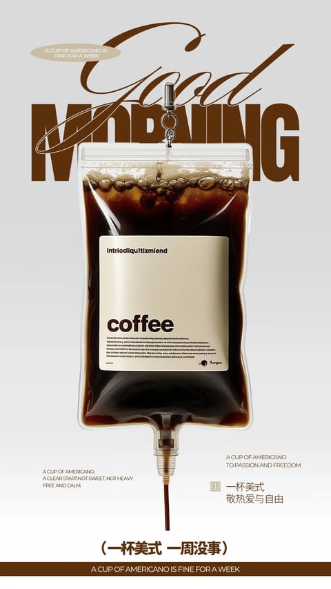 The image presents a stylized, photorealistic 3D render of a transparent intravenous (IV) drip bag filled with dark brown iced coffee, suspended against a muted, light gray background. The visual aesthetic blends medical imagery with commercial product design, featuring a clean, high-contrast look with sharp focus and smooth, glossy surfaces on the plastic bag and liquid. The color language is dominated by a warm, earthy palette of deep coffee browns, amber highlights, and creamy beige accents on the label, contrasted against the cool, neutral gray backdrop. Lighting is directional and soft, creating realistic reflections on the plastic and subtle shadows that give the bag volume and depth. The texture and material feel are highly tactile, emphasizing the slick, flexible plastic of the bag, the viscous quality of the coffee, and the crisp, matte paper of the label. Compositionally, the bag is centrally framed and hangs vertically, with bold, stylized typography reading "Good MORNING" in a mix of cursive and block letters layered behind it, creating a sense of depth. Shape language combines the organic, fluid forms of the liquid and bubbles with the geometric, structured lines of the bag and text. The mood is modern, energetic, and slightly surreal, evoking a sense of revitalization and focused calm through its clean design and symbolic representation of coffee as a vital infusion.