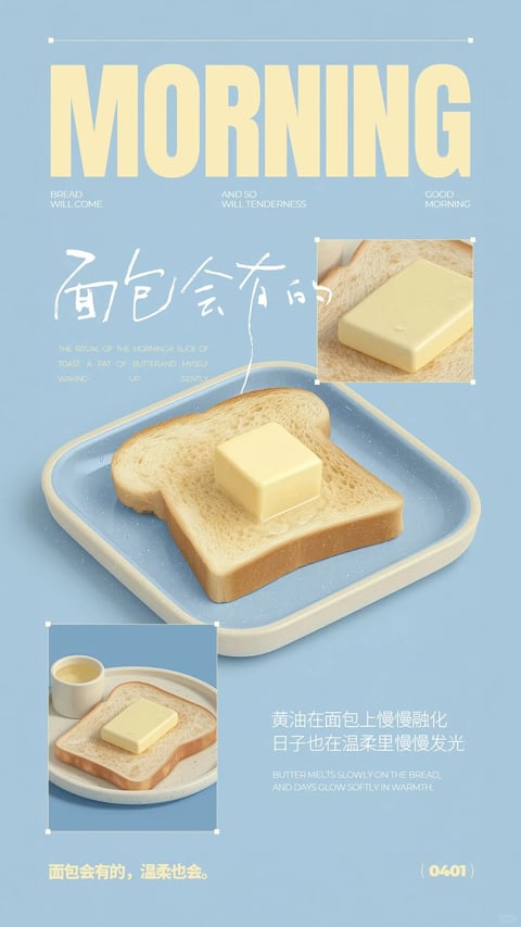 The image presents a clean, stylized 3D rendering with a photorealistic yet soft, illustrative quality, centered on a slice of toast with a pat of butter on a light blue speckled plate. The color language is dominated by a soft, pastel palette featuring a cool, muted sky-blue background contrasted with warm, buttery yellows of the toast and butter, and creamy off-whites of the plate and text; saturation is moderate and controlled, with low contrast and a gentle, cool color temperature. Lighting is soft and diffused, appearing to come from the upper left, casting subtle, soft-edged shadows that enhance the gentle, morning mood without harshness. Texture and material feel are smooth and slightly stylized, with the bread showing a soft, porous crumb, the butter appearing creamy and solid, and the plate having a matte, speckled ceramic finish, all rendered with a clean, tactile quality. Composition is balanced and grid-like, with the main toast image centered, flanked by smaller inset images (top right, bottom left) and text blocks, creating a structured, magazine-layout feel with ample negative space. Shape language combines organic forms (the irregular bread slice, soft butter pat) with geometric framing (rectangular text blocks, square inset borders), using clean, defined edges and medium line weight in the text. The overall mood is calm, gentle, and optimistic, evoking a serene, warm morning atmosphere with low energy and a light, airy visual weight.