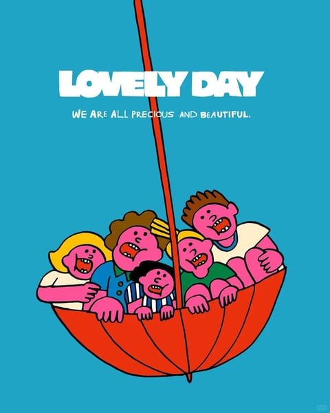 This image is a flat, illustrative artwork with a bold, cartoonish style. It features a vibrant, high-saturation color palette dominated by a bright cerulean blue background and a large, warm red-orange umbrella. The characters are rendered with thick, uniform black outlines and flat, unshaded color fills, giving them a graphic, sticker-like quality. The lighting is completely flat and ambient, with no directional shadows or highlights, emphasizing the 2D nature of the illustration. The texture is smooth and digital, with no painterly or tactile surface qualities. The composition is centered and symmetrical, with the umbrella and its occupants forming a single, cohesive unit against the expansive blue field, creating a sense of playful isolation. The shape language is a mix of simple geometric forms (the circular umbrella, rectangular clothing) and exaggerated, rounded organic shapes for the characters' bodies and faces, with consistent line weight defining all edges. The overall mood is cheerful, energetic, and whimsical, conveyed through the characters' wide, toothy grins, bright colors, and the absurd, joyful scenario of being carried in an umbrella.
