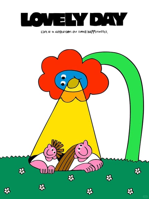 This image features a bold, flat illustrative style with a strong graphic quality, characterized by clean, black outlines and solid, unshaded color fills. The dominant color palette is highly saturated and vibrant, using primary and secondary colors like bright red, yellow, blue, green, and pink, set against a stark white background and a solid green ground. The lighting is implied through shape rather than shading, with a yellow triangular beam suggesting a spotlight effect, creating a high-contrast, graphic look without gradients or soft shadows. Textures are minimal and non-realistic, rendered as smooth, flat color fields with no tactile surface details. The composition is centered and symmetrical, with the large flower character arching over two smaller figures, creating a clear focal point and a sense of shelter or interaction within a simple, two-dimensional space. The shape language is a mix of bold, organic curves (the flower petals, stem, and characters) and sharp geometric forms (the triangular light beam), all defined by consistent, medium-weight black lines. The overall mood is cheerful, playful, and whimsical, conveying a sense of simple, graphic happiness through its bright colors and friendly character designs.