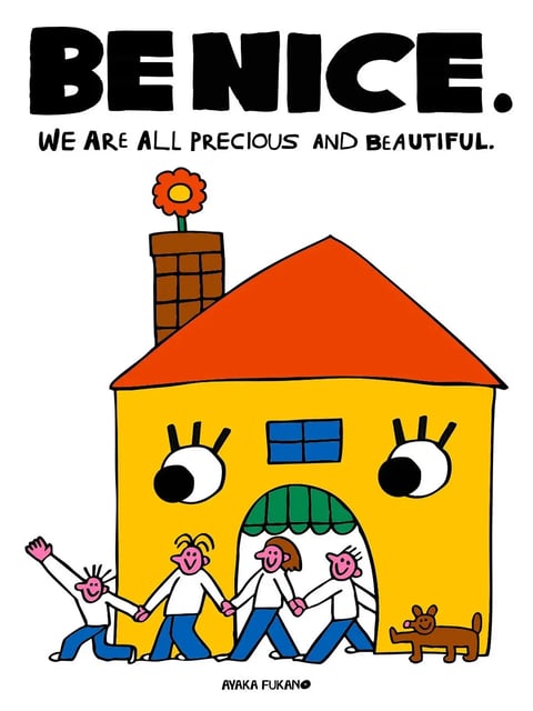The image presents a flat, illustrative art style characterized by bold, uniform black outlines and solid, unshaded color fills, creating a graphic and playful aesthetic. The color language is vibrant and high-saturation, dominated by a warm palette of sunny yellow, bright orange, and crisp white, with accents of deep blue, green, and brown, all set against a stark white background for maximum contrast. Lighting is implied through the flat color application rather than rendered, conveying a bright, cheerful, and evenly lit daytime mood. The texture is smooth and digital, with no visible brushstrokes or material rendering, emphasizing a clean, graphic quality. Compositionally, the image is centrally framed, featuring a large, anthropomorphic house with a symmetrical face-like arrangement of windows and an arched doorway, flanked by four stylized figures holding hands in a horizontal line at the base, with a small dog to the right, creating a balanced and direct layout with minimal depth. Shape language is a mix of simple geometric forms (triangular roof, rectangular chimney, square window) and organic, hand-drawn curves for the figures and facial features, with consistent, medium-weight lines and crisp edges. The overall mood is joyful, inclusive, and whimsical, with a high-energy, positive atmosphere conveyed through the smiling figures, bright colors, and the friendly, personified house.