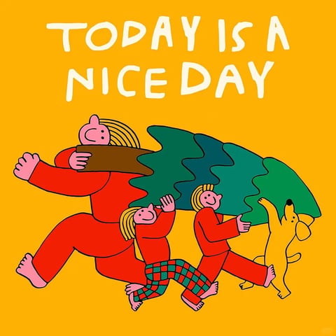 The image features a bold, flat illustrative style with a hand-drawn, cartoonish aesthetic characterized by thick, consistent black outlines and solid, unmodulated color fills. The dominant color language is a high-saturation, warm palette centered on a vibrant marigold yellow background, with figures clad in bright cherry red and accents of forest green and teal in the checkered pants and tree. The lighting is entirely flat and graphic, with no directional shadows or gradients, creating a high-contrast, poster-like effect. Textures are minimal and implied through pattern, such as the simple cross-hatching on the tree trunk and the checkered pattern on the pants, giving a tactile, paper-cutout impression. The composition is dynamic and horizontally oriented, with all figures moving energetically from left to right in a staggered, overlapping arrangement that creates a shallow sense of depth. The shape language is organic and rounded, with soft, bulbous forms for the characters and flowing, wavy lines for the tree, emphasizing a playful, hand-crafted quality. The overall mood is exuberantly cheerful and carefree, conveyed through the bright colors, smiling expressions, and energetic, forward-moving poses of the figures and dog.