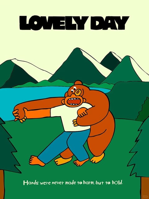 The image presents a flat, illustrative art style with bold, black outlines and a limited, saturated color palette. Dominant colors include a warm, earthy brown for the bear, a vibrant orange for the human's skin, a bright sky blue for the water, and deep, forest greens for the mountains and trees, all set against a pale, cream-colored sky. The lighting is uniform and flat, with no visible shadows or highlights, creating a graphic, poster-like quality. Textures are minimal and smooth, rendered as solid blocks of color without gradients or surface detail. The composition is centered, featuring a bear embracing a human figure from behind, with stylized, geometric mountain peaks and a lake in the background, creating a shallow sense of depth through simple layering. The shape language is organic and rounded for the characters, contrasted with the sharp, angular forms of the mountains and trees. The overall mood is whimsical and affectionate, conveyed through the exaggerated, cartoonish expressions and the warm, friendly color scheme.