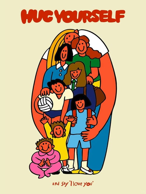 The image features a flat, illustrative art style with bold, uniform black outlines and a graphic, poster-like quality. The color language is defined by a vibrant, saturated palette of warm tones—including dominant shades of orange, red, and yellow—contrasted with cool blues and greens, creating a high-contrast, energetic visual. Lighting is rendered as flat, even illumination with no discernible directional source or shadows, emphasizing the graphic nature of the illustration. Texture and material feel are minimal, with smooth, solid color fills and no surface detail, giving a clean, printed appearance. The composition is vertically oriented and densely packed, with figures arranged in a tight, overlapping group that fills a central, oval-shaped frame, creating a sense of intimate, collective space. Shape language is predominantly organic and rounded, with soft, curved forms for the figures and their features, though the overall framing has a defined geometric oval boundary. The mood is uplifting, affectionate, and communal, conveyed through the smiling expressions, close physical proximity of the figures, and the warm, inviting color scheme.