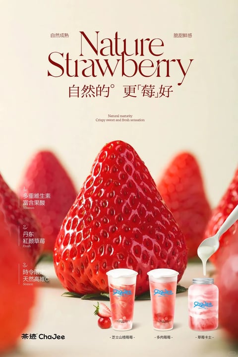 This image is a photorealistic commercial advertisement with a clean, studio-rendered aesthetic, featuring a hyper-detailed, glossy strawberry as the central focus against a soft, creamy beige background. The color language is dominated by vibrant, saturated reds from the strawberries, contrasted with the pale pink and white tones of the beverage products and the neutral backdrop, creating a warm, inviting palette with high contrast that emphasizes the fruit's freshness. Lighting is soft and diffused, appearing to come from the front-left, casting gentle highlights on the strawberry's textured surface and the glossy beverage cups, evoking a bright, fresh, and appetizing mood. Texture and material rendering are highly tactile, with the strawberry's pitted, juicy surface and the smooth, translucent plastic of the drink cups meticulously detailed to suggest crispness and coolness. Compositionally, the image uses a centered, symmetrical arrangement with the large strawberry dominating the middle ground, flanked by blurred strawberry forms in the background to create depth, while three beverage products are neatly aligned in the foreground, establishing a clear visual hierarchy. Shape language is organic, dominated by the rounded, conical forms of the strawberries and the cylindrical cups, with soft edges and no harsh geometric lines. The overall mood is fresh, natural, and indulgent, conveying a sense of seasonal abundance and premium quality through its polished, high-resolution presentation.