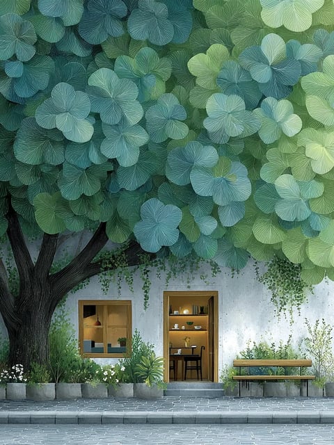 The image depicts an exterior urban scene centered on a small, cozy building facade nestled beneath an enormous, stylized tree. The environment is a blend of urban and natural elements, with a paved stone sidewalk in the immediate foreground leading to the building's entrance. The lighting suggests a soft, diffused daytime glow, likely late afternoon, casting gentle shadows and creating a warm, inviting atmosphere through the illuminated interior visible through the open door and window. The spatial composition is layered: the foreground features the textured stone pavement and planters with small white flowers and greenery; the midground is dominated by the building's light gray, textured concrete wall, the open doorway revealing a warmly lit kitchen/dining area with wooden furniture and shelves, a wooden-framed window, and a simple wooden bench; and the background is completely filled by the massive, fantastical tree canopy. The tree has a dark, deeply textured trunk and branches, with leaves rendered as large, overlapping, stylized clover or hydrangea-like shapes in a gradient of cool teal to soft sage green, creating a dense, protective canopy. The color environment is dominated by the cool greens and teals of the foliage, contrasted with the warm amber and yellow light spilling from the interior and the neutral gray of the wall and pavement. Key elements include the open door revealing domestic items on shelves, the window showing a glimpse of a chair, the wooden bench, and various potted plants and vines climbing the wall. Textures are pronounced, from the rough, organic bark of the tree and the stippled concrete wall to the smooth stone pavers and the soft, illustrated quality of the leaves. The emotional tone is one of tranquil intimacy and whimsical shelter, suggesting a peaceful, hidden urban oasis.
