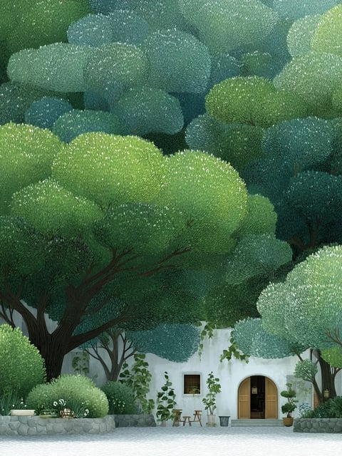 This is an exterior scene depicting a secluded, intimate courtyard nestled within a dense, stylized forest. The spatial composition is layered, with a light grey stone-paved foreground leading to a midground featuring a white stucco building with an arched wooden door and a small window, flanked by potted plants and low stone walls. The background is dominated by a towering, immersive canopy of trees rendered in a distinctive, textured style with rounded, cloud-like foliage in varying shades of deep teal, forest green, and lighter sage, creating a sense of enclosed grandeur. The lighting is soft and diffuse, suggesting an overcast day or late afternoon, with no harsh shadows, contributing to a calm and serene atmosphere. The color environment is cool-toned, dominated by the greens and teals of the foliage, contrasted by the warm, natural wood of the door and the neutral grey of the stone. Key elements include the stylized, almost illustrative trees with visible brushstroke-like textures, the simple Mediterranean-inspired architecture, and small details like climbing vines, a wooden table and stools, and potted shrubs that suggest quiet habitation. The overall emotional tone is one of peaceful seclusion and harmonious integration with nature, evoking a sense of calm and timelessness.