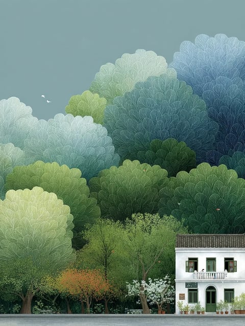This is an exterior, natural-fantasy scene with a grand spatial scale, depicting a dense, stylized forest of towering, rounded tree canopies that rise in layered depth against a flat, muted teal-grey sky. The lighting is soft and diffuse, suggesting an overcast day with no harsh shadows, creating a calm, serene, and slightly melancholic atmosphere. The composition is structured with distinct depth layers: a foreground of varied, smaller trees and shrubs; a midground dominated by the massive, overlapping canopies; and a background of even taller, more stylized tree forms. The focal area is the contrast between the organic, patterned forest and the small, white two-story house with green shutters nestled in the lower right. The color environment is dominated by a cool, desaturated palette of greens, teals, and slate blues, with subtle warm accents in some foreground foliage, creating a low-contrast, harmonious tonal range. Key elements include the intricately patterned, feathery texture of the large tree canopies, the architectural details of the house (balcony, shuttered windows, potted plants), and small birds scattered in the scene. The ground is a simple, grey stone or paved surface. The emotional tone conveys a sense of peaceful seclusion and quiet grandeur, with the small house providing an intimate, human-scale counterpoint to the vast, enveloping natural world.
