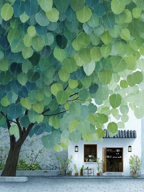 This image depicts an exterior scene of a small, white-walled building with a dark tiled roof, set against a weathered stone wall and a paved courtyard. A large, stylized tree dominates the composition, its branches extending from the lower left foreground into the midground and background, covered in dense, overlapping leaves rendered in a gradient of greens—from deep teal and forest green on the left to pale, translucent mint and sage on the right, creating a sense of light filtering through from the right side. The lighting suggests a soft, diffused daylight, possibly overcast or late afternoon, with no harsh shadows, contributing to a calm and serene atmosphere. The spatial composition uses the tree as a strong foreground element that frames the building in the midground, with the stone wall providing a textured background. The color environment is dominated by cool greens and teals, contrasted with the warm white of the building's walls and the dark brown of the tree trunk and roof tiles. Key elements include the small building with an open wooden door revealing shelves of pottery and cups, a window with potted plants, two black lantern-style wall lights, and several small potted plants and a simple table with chairs in the courtyard. The ground is paved with grey rectangular stones, and the walls show textures of weathered plaster and stone. The emotional tone is peaceful and intimate, evoking a quiet, secluded corner of a garden or village.