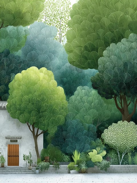 This is an exterior scene depicting a stylized, illustrative forest environment adjacent to a traditional stone building. The spatial scale is intimate, focusing on a dense cluster of trees and a small architectural corner. The lighting appears soft and diffuse, suggesting an overcast day or shaded area, with no harsh shadows, creating a calm and serene atmosphere. The composition is layered, with a foreground of potted plants and a stone wall, a midground dominated by large, rounded trees with intricate, fan-like foliage patterns, and a background of taller, more densely packed trees that create a sense of depth. The color environment is dominated by a vast spectrum of greens—from pale lime and sage to deep emerald and teal—contrasted by the cool grey of the stone wall and warm brown of the wooden door. Key elements include the traditional building with a tiled roof, a wooden door with metal fittings, a stone wall with potted plants, and numerous stylized trees with highly detailed, textured canopies. The ground surface is paved with light grey stone tiles, and the wall material is textured grey stone. The emotional tone is tranquil and harmonious, evoking a sense of peaceful seclusion where nature and architecture coexist.