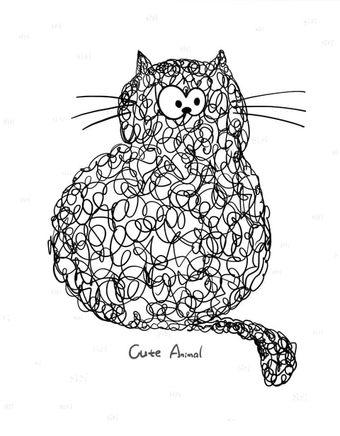 The image is a black-and-white, hand-drawn illustration rendered in a continuous, chaotic scribble style, where the entire form of a plump, seated cat is constructed from overlapping, looping black lines on a stark white background. The aesthetic is purely illustrative and flat, with no shading or gradient, relying solely on line density to suggest volume. The color language is monochromatic, featuring high contrast between the solid black ink lines and the pure white negative space, with no color saturation or temperature variation. Lighting is absent, as the image is a line drawing without directional light sources or shadows. Texture is implied through the tangled, scribbled line work, creating a visual impression of a fuzzy, chaotic, or densely textured surface, though it remains a 2D graphic element. The composition is centered and simple, with the cat occupying the middle of the frame against an empty background, creating a direct, frontal view with no depth or spatial layering. Shape language is entirely organic, defined by the irregular, curvilinear loops and the soft, rounded silhouette of the cat, with uniform line weight and no hard geometric edges. The mood is playful, whimsical, and slightly chaotic due to the energetic scribble technique, conveying a lighthearted, informal, and handcrafted atmosphere.