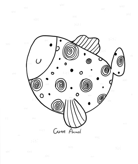 This image features a black and white line drawing of a stylized fish, rendered in a flat, illustrative aesthetic with a hand-drawn quality. The artwork is monochromatic, utilizing only black ink lines on a white background, creating high contrast with no color saturation or temperature variations. The lighting is implied through the absence of shading or gradients, resulting in an evenly lit, two-dimensional presentation. Texture and material are conveyed through line work alone, with patterns of spirals, dots, and stripes suggesting scales and fins, giving a tactile, patterned impression. The composition centers the fish against a plain white background, with no depth or spatial context, emphasizing the subject's form. Shape language is organic and whimsical, characterized by rounded, bulbous forms for the body and fins, with varying line weights that are generally bold and consistent, and soft, curved edges. The overall mood is playful, simple, and childlike, evoking a sense of innocence and approachability through its cartoonish, doodle-like style.