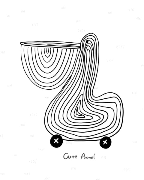 This image is a minimalist, hand-drawn line art illustration with a playful, surreal concept. The visual aesthetic is flat and graphic, rendered entirely in black ink on a white background, using clean, continuous lines that vary slightly in weight to suggest form and depth. The color language is strictly monochromatic, relying on high contrast between the solid black lines and the stark white negative space, with no gradients or tonal variations. The lighting approach is implied through the line work itself, with the concentric, contour-like lines creating a sense of volume and form without explicit light sources or shadows, resulting in a flat yet dimensional appearance. The texture and material feel are smooth and digital, with the lines appearing crisp and uniform, giving the impression of a vector graphic or a clean ink drawing on paper. The composition is centered and asymmetrical, featuring a floating, bowl-like shape that transitions into a flowing, abstract form resembling a creature or liquid, with two small, circular elements at the bottom acting as wheels or feet. The shape language is predominantly organic and fluid, characterized by curvilinear lines that form concentric patterns and undulating contours, with sharp, defined edges and no soft blending. The mood and atmosphere are whimsical, curious, and slightly abstract, evoking a sense of playful imagination through the combination of familiar and surreal forms, with a light, airy visual weight due to the extensive use of negative space.