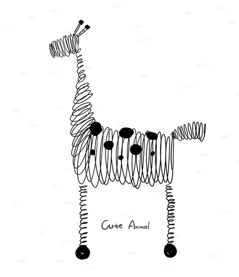 This image features a whimsical, hand-drawn illustration of a giraffe rendered in a continuous, coiled spring-like line style. The visual aesthetic is playful and illustrative, employing a monochromatic black ink on a stark white background, creating high contrast. The lighting is flat and graphic, with no directional shadows or highlights, emphasizing the two-dimensional, sketch-like quality. The texture is entirely implied through the dense, overlapping spiral lines that form the animal's body, neck, and legs, giving a sense of bouncy, kinetic energy rather than a solid material surface. The composition is centered and straightforward, with the giraffe occupying the middle ground against an empty, watermarked background, focusing all attention on the figure's form. The shape language is a mix of organic curves and repetitive geometric spirals, with consistent, medium-weight lines that define the silhouette and internal details like the spots, which are solid black circles. The overall mood is lighthearted, energetic, and charmingly imperfect, evoking a sense of creative doodling or playful sketching.