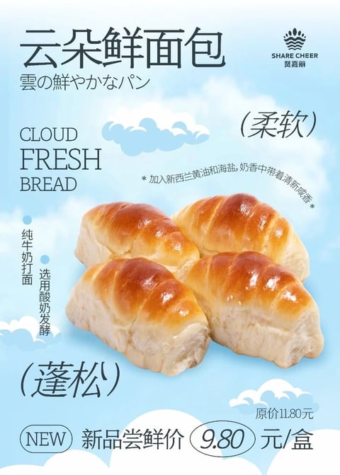 This image is a commercial product advertisement poster with a clean, bright, and airy aesthetic. The overall style is a blend of photorealistic product photography and flat, illustrative graphic design elements. The color language is dominated by a soft, cool, and desaturated sky-blue background, which contrasts with the warm, golden-brown and amber tones of the bread, creating a visually appetizing and fresh feel. The lighting on the bread is soft and diffused, appearing to come from the top-left, casting gentle shadows that emphasize the bread's rounded, pillowy form and glossy, egg-washed crust, conveying a sense of freshness and warmth. The texture rendering is highly tactile; the bread's surface appears smooth with a slight sheen, while the torn edges suggest a soft, fluffy, and airy interior crumb. The composition is centered and balanced, with the four bread rolls arranged in a tight cluster as the focal point, surrounded by floating, stylized white cloud illustrations and text elements that create a sense of lightness and depth. The shape language combines the organic, soft curves of the bread and clouds with the clean, geometric sans-serif typography. The overall mood is cheerful, inviting, and wholesome, evoking feelings of comfort, lightness, and simple pleasure.