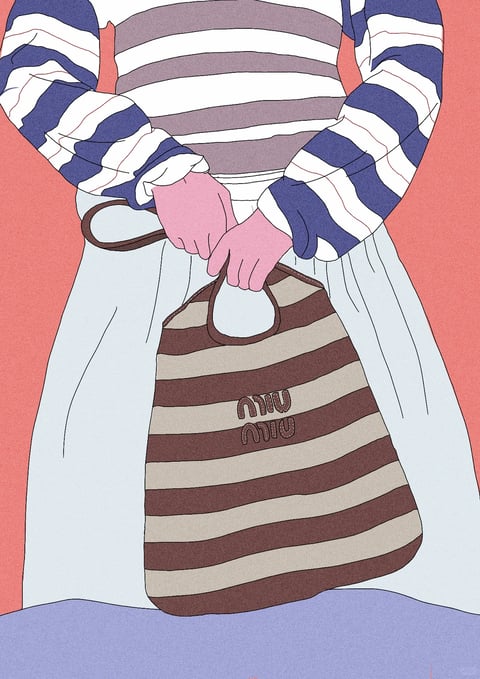 This image presents a flat, illustrative style with a distinct graphic quality, characterized by clean, deliberate line work and a limited, muted color palette. The dominant colors are soft coral pink, cool slate blue, warm taupe, and creamy off-white, creating a low-contrast, harmonious scheme with a slightly desaturated, matte finish. The lighting is ambient and diffuse, with no strong directional shadows, contributing to a flat, two-dimensional feel. Textures are rendered simply through color blocking and line art rather than detailed surface rendering; the fabric of the striped top and skirt appears smooth, while the tote bag has a subtle, grainy texture suggesting canvas or felt. The composition is a centered, mid-shot framing focusing on the torso and hands, with the subject holding a striped tote bag against a plain coral background, creating a shallow depth of field. The shape language is organic and soft, with rounded forms in the hands, bag, and clothing folds, defined by consistent, medium-weight black outlines. The overall mood is calm, minimalist, and subtly playful, evoking a contemporary, fashion-illustration aesthetic.