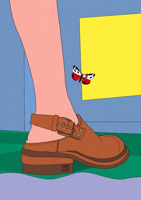 This image is a flat, illustrative artwork with a graphic, retro-inspired aesthetic, rendered with clean, precise line work and solid color fills without gradients or shading. The color language is vibrant and saturated, featuring a bold palette of warm pink for the skin, rich caramel brown for the shoe, a cool medium blue background, a bright lemon-yellow geometric shape, a deep teal-green ground plane, and a soft lavender floor, all with high contrast and a balanced mix of warm and cool tones. The lighting is completely flat and ambient, with no directional source or shadows, creating an even, graphic quality. Texture is minimal and stylized, with the shoe rendered as smooth leather with subtle stitch details, the background as a flat matte surface, and the butterfly's wings showing simple color-blocked patterns. The composition is a tight, cropped close-up focusing on the lower leg and shoe, with the leg positioned vertically on the left, the shoe angled dynamically toward the right, and the butterfly and yellow square providing visual interest in the upper right, creating a shallow, graphic depth. Shape language combines the organic, curved form of the leg and butterfly with the strong geometric lines of the shoe's strap, the rectangular yellow shape, and the straight edges of the background planes. The overall mood is playful, modern, and slightly whimsical, with a clean, energetic, and visually striking atmosphere.
