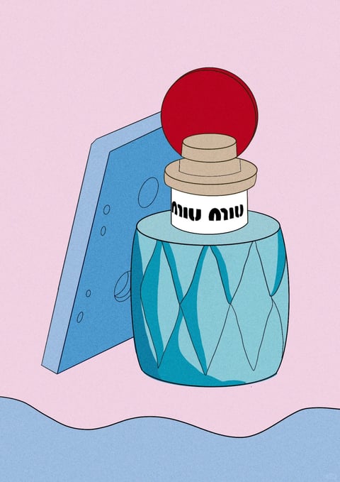 The image presents a stylized, illustrative composition with a flat, graphic aesthetic reminiscent of mid-century modern design or contemporary vector art. The color palette is dominated by soft pastels and bold primaries: a muted pink background contrasts with a cool, desaturated blue foreground element and a vibrant, saturated red circular form. The lighting is flat and even, with minimal shading, creating a two-dimensional feel and emphasizing the graphic shapes. Textures are smooth and rendered with clean, hard edges, suggesting materials like glass, ceramic, or painted metal without realistic surface detail. The composition is asymmetrical, featuring a central blue glass bottle with a geometric, faceted pattern, topped by a beige stopper and a white label with black, stylized text. Behind it leans a blue rectangular panel with subtle circular indentations. The shapes are predominantly geometric—circles, rectangles, and angular facets—with consistent, medium-weight black outlines defining all forms. The overall mood is clean, playful, and slightly retro, with a calm, static energy derived from the balanced arrangement and soft color contrasts.