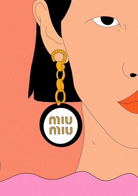 The image is a flat, illustrative digital artwork with a clean, graphic style reminiscent of contemporary fashion illustration. The dominant color palette is warm and saturated, featuring a soft peach skin tone, a muted coral-orange background, and a vibrant magenta-pink garment at the bottom, with high contrast provided by solid black hair and a bold black earring outline. The lighting is completely flat and uniform, with no directional shadows or highlights, creating a graphic, poster-like feel. Texture is minimal and non-representational; surfaces are rendered as smooth, solid color fields without any tactile detail, emphasizing the illustrative nature. The composition is a tight, asymmetrical close-up portrait, framing the right side of a face and focusing attention on a large, statement earring, with shallow, layered depth created by overlapping flat shapes. The shape language is a mix of clean, geometric forms (the circular earring, the chain links) and simplified organic lines (the facial features, the wavy edge of the garment), all defined by crisp, consistent black outlines. The overall mood is modern, stylish, and graphically bold, with a cool, detached confidence conveyed through the subject's direct gaze and the clean, precise execution.