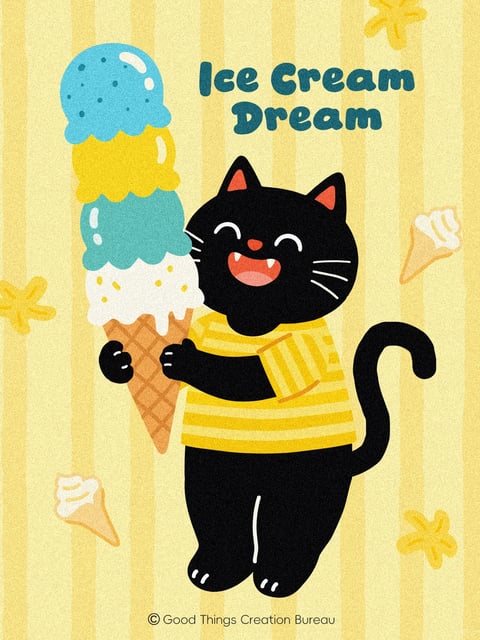 The image features a cheerful, stylized black cat as the central subject, standing upright and holding a towering, multi-scoop ice cream cone. The cat wears a yellow and white striped shirt, has a wide, happy expression with closed eyes and an open mouth, and its tail curls upward. The ice cream cone has four distinct scoops: white with yellow speckles at the bottom, followed by teal, yellow, and bright blue with dark speckles at the top, all rendered with a soft, slightly melting appearance. The background is a pale yellow with subtle, vertical stripes in a slightly darker yellow, creating a warm, textured backdrop. Scattered around the cat are small, simplified illustrations of ice cream cones and star-like shapes in yellow and white. The overall visual aesthetic is a flat, illustrative style with a hand-drawn, textured quality, reminiscent of a children's book or a cute sticker design. The color language is dominated by warm yellows and contrasting cool blues and teals, with high saturation and a bright, cheerful contrast. Lighting is even and soft, with no harsh shadows, contributing to a flat, graphic feel. Texture is simulated through a grainy, paper-like overlay, giving the image a tactile, printed quality. Composition is centered and balanced, with the cat and ice cream cone forming the main vertical axis, and decorative elements framing the scene. Shape language is organic and rounded, with soft edges and simple, bold outlines. The mood is joyful, playful, and whimsical, evoking a sense of summer delight and innocent happiness. Visible text in the upper right reads 'Ice Cream Dream' in a bold, rounded, dark teal font, serving as a title or caption that reinforces the theme. At the bottom, small copyright text reads '© Good Things Creation Bureau' in a simple, dark font.