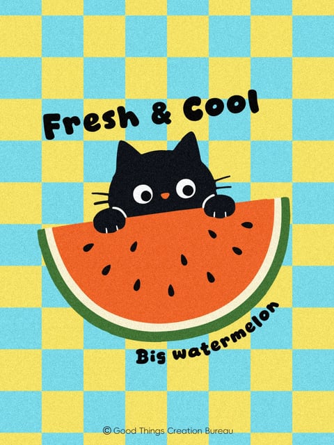 The image features a playful, illustrative composition centered on a stylized black cat peeking over a large, vibrant slice of watermelon. The cat, with a simple, rounded silhouette, large white eyes with black pupils, and a small orange nose, grips the watermelon's edge with its paws, which have subtle white claw marks. The watermelon slice is rendered in a flat, graphic style with a bright red-orange flesh dotted with black seeds, a thin white rind, and a dark green outer skin. The background consists of a bold, repeating checkerboard pattern in alternating squares of light cyan blue and pale yellow, creating a retro, graphic feel. The overall visual aesthetic is flat and illustrative, with clean shapes, no gradients or shading, and a slightly grainy texture overlay that gives it a printed or risograph-like quality. The color language is highly saturated and high-contrast, dominated by the complementary pairing of the warm red-orange watermelon against the cool cyan background, with the black cat and yellow squares providing strong visual anchors. Lighting is implied and flat, with no directional shadows, contributing to the graphic, poster-like mood. The composition is centrally framed, with the cat and watermelon occupying the middle ground against the patterned background, creating a shallow depth of field. Shape language is a mix of organic forms (the cat, watermelon) and strict geometric forms (the checkerboard), with consistent, medium-weight outlines and crisp edges. The mood is cheerful, whimsical, and summery. Text is integrated into the design: the phrase 'Fresh & Cool' in a bold, black, slightly irregular sans-serif font arches above the cat, and 'Big watermelon' in the same font curves below the watermelon slice, reinforcing the playful, thematic message. A small copyright notice, '© Good Things Creation Bureau,' appears in a simple sans-serif font at the very bottom.