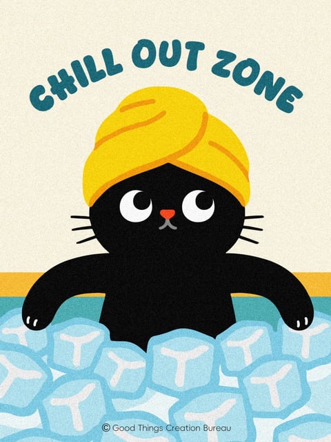 The image features a stylized, illustrative composition centered on a black cartoon cat relaxing in a tub filled with ice cubes. The cat, with a simple, rounded form and large, expressive white eyes, wears a bright yellow towel wrapped turban-style on its head. Its arms rest casually on the edge of the tub, conveying a relaxed posture. Above the cat, the text "CHILL OUT ZONE" is arched in a bold, rounded, sans-serif font, colored in a deep teal. The background is a textured, off-white cream color, while the tub's edge is a solid mustard yellow. The ice cubes are rendered as light blue, translucent shapes with subtle white highlights, creating a cool, refreshing feel. The visual aesthetic is flat and graphic with a subtle grainy texture overlay, reminiscent of mid-century modern illustration or risograph printing. The color palette is limited and high-contrast, dominated by the black cat, bright yellow towel, deep teal text, and cool blue ice, with warm cream and mustard accents. Lighting is flat and even, with no directional shadows, emphasizing the graphic shapes. The composition is symmetrical and centered, with the cat as the clear focal point, framed by the text above and the ice below. The mood is playful, humorous, and intentionally relaxed, using the visual pun of a cat in an ice bath to literally depict a "chill out zone."