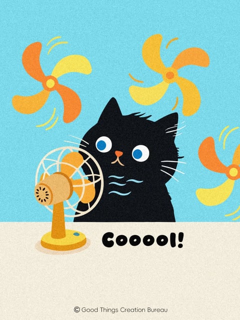 This is a playful, illustrative artwork featuring a stylized black cat as the central subject, positioned behind a small, vintage-style electric fan on a light beige surface against a textured, light blue background. The composition is centered, with the cat's head and upper body visible, its large, round blue eyes wide with surprise or delight as it experiences the fan's breeze, indicated by three wavy blue lines near its mouth. Surrounding the cat are three floating, stylized pinwheels in orange and yellow, each with motion lines suggesting spinning. The visual aesthetic is flat and graphic, reminiscent of mid-century modern illustration or children's book art, with a grainy, textured overlay that gives it a tactile, printed-paper feel. The color palette is vibrant and saturated, dominated by the cool light blue background, the warm orange and yellow of the fan and pinwheels, and the high-contrast black of the cat, creating a cheerful, energetic mood. The lighting is flat and even, with no strong directional shadows, enhancing the illustrative quality. The shape language combines organic forms (the cat, pinwheel blades) with geometric elements (the fan's circular cage, the cat's perfectly round eyes), using clean, defined edges and consistent line weight. Visible text includes the word 'Cooooo!' in a bold, black, rounded sans-serif font placed on the beige surface to the right of the fan, emphasizing the cat's reaction to the cool air, and a small copyright notice '© Good Things Creation Bureau' in a simple sans-serif font at the bottom center, indicating the artwork's origin.