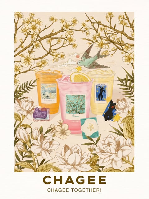 The image is a vertically oriented, illustrative poster featuring three stylized beverage cups as the central subject, set against a richly detailed botanical background. The composition is framed by an arching branch of golden-yellow blossoms at the top and a dense arrangement of large, cream-colored magnolia flowers and green foliage at the bottom, creating a lush, enclosed scene. The three cups, from left to right, are orange, pink, and pale yellow, each containing a beverage with ice and adorned with a label featuring a famous painting: the orange cup shows Monet's 'Impression, Sunrise,' the pink cup displays Van Gogh's 'Almond Blossom,' and the yellow cup features Munch's 'The Scream.' A small, stylized bird in teal and brown flies above the central pink cup, and various decorative elements like a purple stamp, a teal square with a white flower, and a black cat silhouette with yellow stars are scattered around the cups. The visual aesthetic is a detailed, flat illustrative style with fine linework and a painterly texture, reminiscent of vintage botanical prints combined with modern graphic design. The color language is warm and harmonious, dominated by soft creams, golds, and muted greens, with the vibrant orange, pink, and yellow of the cups providing focal points of saturated color. The lighting is soft and diffused, with no harsh shadows, giving the scene a gentle, even illumination that enhances the illustrative quality. Text is prominently featured: the word 'CHAGEE' appears in a bold, brown sans-serif font at the bottom center, with the phrase 'CHAGEE TOGETHER!' in a smaller font directly below it. Additional text on the cup labels includes artist names like 'Claude Monet,' 'Vincent,' and 'Edvard Munch,' along with the brand name 'CHAGEE' in small print. The overall mood is whimsical, elegant, and celebratory, with a nostalgic yet contemporary atmosphere created by the fusion of classic art references, botanical motifs, and playful graphic elements.