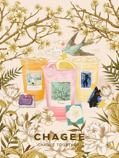 This image is a stylized, illustrative composition centered on three translucent plastic cups of iced beverages, arranged in a triangular formation against a soft, cream-colored background. The central cup is pink with a lemon slice and ice, flanked by an orange cup on the left and a yellow cup on the right, each filled with ice and featuring unique, artistic labels. The scene is framed by an intricate, hand-drawn botanical border of blooming white flowers and golden-brown branches, with a light green bird in flight above the drinks, holding a yellow star. The overall visual aesthetic is painterly and illustrative, with a soft, textured finish reminiscent of traditional paper or canvas. The color language is warm and harmonious, dominated by soft pastels (pink, yellow, orange) contrasted with earthy browns, deep greens, and pops of vibrant blue and gold, all rendered with low saturation and gentle contrast. Lighting appears soft and diffused, casting subtle shadows that give the cups a gentle three-dimensionality without harsh highlights. Texture is emphasized through visible brushstrokes in the botanical elements and the slightly frosted, translucent quality of the plastic cups, creating a tactile, handcrafted feel. The composition is balanced and symmetrical, with the drinks as the focal point, surrounded by organic floral shapes that guide the eye inward, creating a shallow but layered depth. Shape language combines organic, flowing lines in the flowers and bird with the geometric, cylindrical forms of the cups, using consistent, delicate line weights. The mood is serene, whimsical, and inviting, evoking a sense of artistic tranquility and natural beauty. Visible text includes the brand name "CHAGEE" in bold, brown serif font at the bottom center, with the tagline "CHAGEE TOGETHER!" beneath it in smaller uppercase letters; artist names like "Claude Monet," "Vincent," and "Henri Matisse" appear on the cup labels in elegant script, alongside the brand name "CHAGEE" in small print, integrating the text as part of the artistic design.
