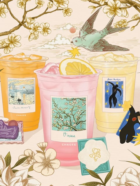 This image is a stylized, illustrative composition featuring three large, frosted plastic cups of iced beverages as the central subjects, arranged in a slight triangular formation against a soft, textured beige background. The overall aesthetic is painterly and whimsical, blending elements of classic art with contemporary graphic design. The color palette is dominated by soft, desaturated pastels—peach, rose pink, and buttery yellow—contrasted with deeper accents of teal, navy, and gold. The lighting is soft and diffused, with no harsh shadows, creating a gentle, even illumination that enhances the dreamy, nostalgic mood. The texture combines a smooth, watercolor-like rendering for the beverages and background with more detailed, sketch-like linework for the botanical and avian elements. Compositionally, the cups anchor the foreground, while delicate, gold-outlined cherry blossom branches frame the top and bottom edges, and a stylized teal bird in flight adds dynamic movement in the upper right. The shape language is primarily organic, with rounded cup forms, flowing floral motifs, and the bird's curved silhouette, though the cups themselves have a subtle geometric rigidity. The mood is serene, artistic, and slightly romantic, evoking a sense of curated, aesthetic leisure. Visible text appears on the labels affixed to each cup, rendered in a clean, sans-serif font. The left cup's label reads 'Claude Monet' above a small reproduction of his painting 'Impression, Sunrise,' with 'CHAGEE' printed below. The central pink cup's label reads 'Vincent' above a detail of Van Gogh's 'Almond Blossom,' also with 'CHAGEE' below. The right cup's label reads 'Henri Matisse' above his cut-out 'Icarus,' with 'CHAGEE' faintly visible below. This text identifies the artistic inspiration for each beverage and the brand, integrating the artworks as part of the product design. The focus is on the central pink cup and its 'Vincent' label, which is rendered with slightly more detail and central placement, drawing the eye to the floral artwork and the lemon slice garnish, emphasizing the connection between the drink and the classic painting.