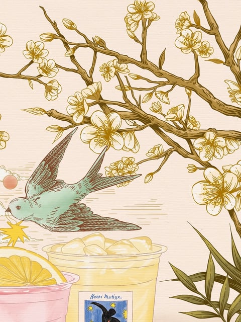 This image features a cohesive illustrative composition blending natural and contemporary elements against a textured, pale cream background. The primary subject is a flying swallow with teal and brown plumage, depicted in a stylized, detailed manner with visible line work, soaring from the lower left toward the upper right. The bird is framed by an intricate network of golden-brown branches adorned with stylized white and gold blossoms, resembling cherry or plum flowers, which dominate the upper and right portions of the scene. In the lower foreground, two beverage containers anchor the composition: a pink cup with a lemon slice and a yellow cup filled with ice, the latter bearing a label with a small, abstract artwork and the text 'Henri Matisse' in a handwritten script. The visual aesthetic is a flat, illustrative style with a vintage or decorative quality, reminiscent of traditional East Asian brush painting combined with modern graphic elements. The color language is dominated by a warm, muted palette of cream, gold, teal, and soft pink, with low saturation and gentle contrast that creates a harmonious, serene feel. The lighting appears soft and diffused, with no harsh shadows, contributing to a flat, graphic quality. Texture is conveyed through fine line work on the bird's feathers and flower petals, and a subtle paper-like grain in the background. The composition is asymmetrical, with the diagonal movement of the bird and branches creating dynamic balance against the static, grounded cups in the foreground. Shape language combines the organic, flowing lines of the branches and bird with the geometric, cylindrical forms of the cups. The overall mood is tranquil, whimsical, and slightly nostalgic, evoking a sense of gentle motion and artistic refinement.