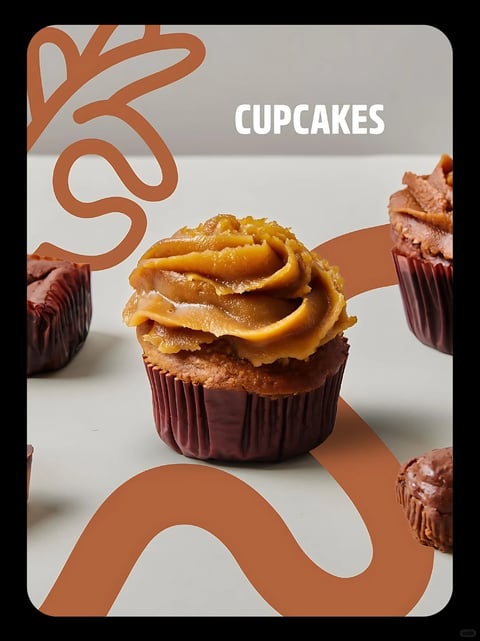 This image features a close-up, photorealistic shot of several cupcakes arranged on a light, neutral surface, with one central cupcake in sharp focus and others partially visible in the periphery. The main subject is a single cupcake in a dark brown, ribbed paper liner, topped with a generous swirl of glossy, caramel-colored frosting that has a slightly textured, almost crystalline appearance, suggesting a rich, sweet flavor. The composition is dynamic, with the cupcakes placed at varying depths, creating a sense of space, and abstract, organic, curvilinear shapes in a warm, terracotta brown color overlay the scene, adding a graphic, illustrative element that contrasts with the photographic realism of the cupcakes. The text "CUPCAKES" appears in bold, white, sans-serif capital letters in the upper right quadrant, clearly labeling the subject and contributing to a clean, modern aesthetic. The lighting is soft and directional, coming from the upper left, casting gentle shadows that enhance the three-dimensional form of the frosting swirls and the texture of the cupcake liners, creating a warm, inviting mood. The color palette is dominated by warm, earthy tones—deep browns, rich caramel, and terracotta—against a cool, light gray background, resulting in a high-contrast yet harmonious look. The textures are highly detailed, from the smooth, creamy sheen of the frosting to the matte, crinkled surface of the paper liners, evoking a tactile, appetizing quality. The overall style blends photorealistic food photography with flat, graphic design elements, creating a contemporary, stylish visual suitable for a moodbook.