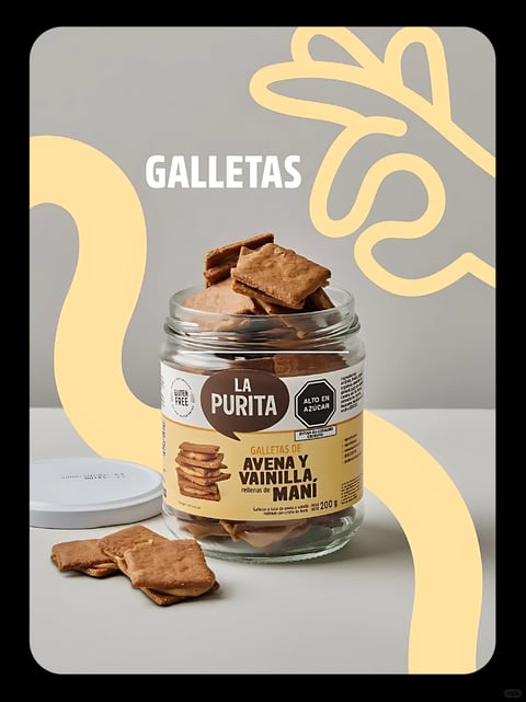 The image features a photorealistic, studio-style product photograph centered on a clear glass jar filled with square, golden-brown oatmeal and vanilla cookies, with several cookies spilling out onto a clean, light gray surface. The composition is balanced and minimalist, with the jar positioned slightly off-center and a white lid resting to its left, creating a sense of casual, inviting abundance. The scene is framed by large, abstract, hand-drawn yellow shapes that curve organically across the background and foreground, adding a playful, illustrative contrast to the realistic product. Visible text includes the bold, white sans-serif word "GALLETAS" (Spanish for "cookies") at the top, and the jar's label displays the brand name "LA PURITA" in a dark brown speech bubble, along with product details like "GALLETAS DE AVENA Y VAINILLA rellenas de MANÍ" (oatmeal and vanilla cookies filled with peanut), "GLUTEN FREE," and "ALTO EN AZÚCAR" (high in sugar), all in a mix of sans-serif and serif fonts in brown, black, and white. The lighting is soft and diffused, coming from the upper left, casting gentle shadows that emphasize the cookies' crumbly texture and the jar's glossy surface, creating a warm, approachable, and wholesome mood. The color palette is dominated by warm, earthy tones—golden browns, creamy yellows, and soft grays—with the vibrant yellow shapes providing a cheerful, energetic accent. Textures are rendered with high detail, from the rough, granular surface of the cookies to the smooth glass and matte paper label, enhancing the tactile appeal. The overall aesthetic blends clean, commercial photography with playful, organic graphic elements, resulting in a visually engaging and appetizing presentation.