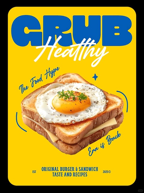 The image is a vibrant, graphic poster featuring a photorealistic, high-detail rendering of a breakfast sandwich as the central subject, composed of two slices of toasted whole-grain bread with visible sesame seeds, a layer of melted white cheese, and a perfectly fried sunny-side-up egg garnished with fresh parsley and black pepper, all set against a solid, bright yellow background. The composition is centered and symmetrical, with the sandwich angled slightly to show its layers and depth, framed by playful, hand-drawn blue graphic accents like a star and curved lines that add dynamic energy. The visual aesthetic blends a clean, modern graphic design with a realistic food photograph, creating a bold, commercial look. The color language is dominated by a high-saturation, warm yellow background that contrasts sharply with the deep blue of the large, bold, sans-serif 'GRUB' text at the top, the white cursive 'Healthy' overlay, and the blue script phrases 'The Food Hype' and 'Egg is Back' that curve around the sandwich, while the food itself features natural tones of golden-brown toast, creamy white egg white, and a rich orange yolk. Lighting is bright, even, and directional from above, casting soft, subtle shadows that enhance the three-dimensional form of the sandwich without creating harsh contrasts, conveying a fresh, appetizing mood. Texture and material feel are highly detailed, with the crisp, porous surface of the toasted bread, the smooth, glossy egg white, the slightly runny yolk, and the delicate parsley leaves rendered with photorealistic clarity to emphasize tactile appeal. The shape language combines the organic, irregular forms of the food with the geometric, clean lines of the typography and graphic elements, creating a balanced visual hierarchy. The overall mood is energetic, inviting, and appetizing, with a clear commercial focus on promoting a food item.
