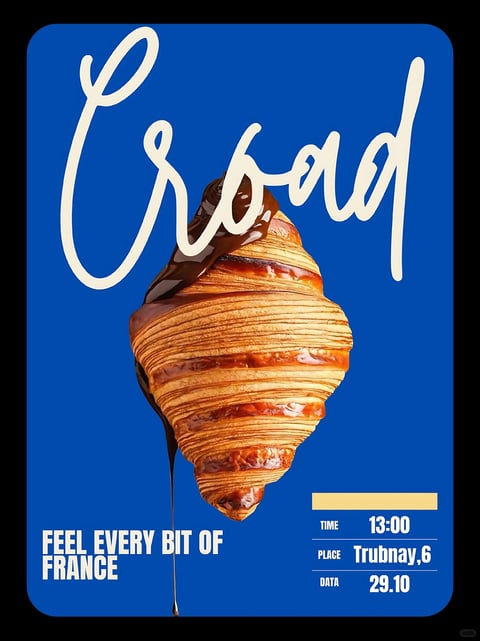 The image is a stylized promotional poster featuring a single, large, photorealistic croissant as the central subject, positioned vertically against a solid, deep royal blue background. The croissant is rendered with extreme detail, showcasing its flaky, layered pastry texture with golden-brown highlights and deep amber shadows, and is partially coated in a glossy, dark chocolate that drips down its left side. The composition is centered and bold, with the croissant occupying the majority of the frame, creating a strong focal point. The visual aesthetic combines photorealistic food rendering with flat, graphic design elements, creating a striking contrast. The color language is dominated by the vibrant, saturated blue background, which makes the warm, golden-brown and chocolate tones of the croissant pop with high contrast. The lighting on the croissant is directional from the upper left, casting soft shadows that emphasize its three-dimensional form and flaky texture, while the overall poster has a flat, even illumination. Text elements include the large, cream-colored, cursive script 'Croissant' arched across the top, partially overlapping the croissant; the phrase 'FEEL EVERY BIT OF FRANCE' in bold, white, sans-serif capital letters at the bottom left; and a structured information block at the bottom right with a pale yellow header bar and white sans-serif text detailing 'TIME 13:00', 'PLACE Trubnay,6', and 'DATA 29.10'. The shape language contrasts the organic, irregular form of the croissant with the clean, geometric lines of the text blocks and poster border. The mood is indulgent, modern, and appetizing, with a high-energy, graphic appeal that evokes a sense of premium quality and French culinary delight.