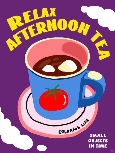 The image is a flat, illustrative poster centered on a stylized blue mug filled with dark brown liquid, likely hot chocolate or coffee, topped with two white marshmallow-like shapes. The mug, which has a pink interior and a prominent red tomato illustration on its side, sits on a pink saucer with a black outline. The composition is centered and symmetrical, with the mug as the clear focal point against a solid, deep purple background. The visual aesthetic is playful and cartoonish, characterized by bold, flat colors, clean lines, and a lack of complex shading or gradients, giving it a graphic, print-like quality. The color language is vibrant and high-contrast, featuring a dominant palette of deep purple, bright blue, pink, red, and yellow, with saturated hues that create a cheerful, energetic mood. Lighting is implied through simple, flat color blocks rather than realistic rendering, with no strong directional light source, contributing to the overall flat, illustrative feel. Text is a major element: large, bold, yellow sans-serif letters arch over the top reading "RELAX AFTERNOON TEA"; smaller black handwritten-style text on the saucer reads "COLORFUL LIFE"; and white, blocky text in the bottom right corner reads "SMALL OBJECTS IN TIME". The text plays a key role in framing the theme and adding to the poster's graphic design. The shape language is a mix of organic (the mug's curves, the tomato, the cloud-like shapes in the corners) and geometric (the circular saucer, the bold letterforms), with consistent, medium-weight black outlines defining all major shapes. The mood is whimsical, relaxed, and inviting, with a high energy level conveyed through the bright colors and playful subject matter.
