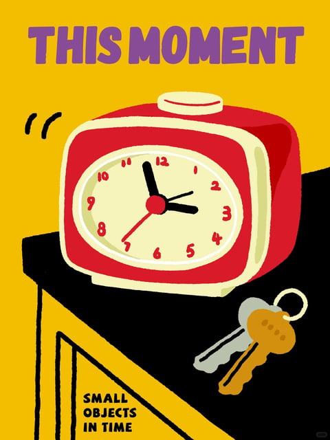 This image features a bold, illustrative composition centered on a stylized red alarm clock and a set of keys resting on a black surface against a vibrant yellow background. The main subject is a chunky, retro-style alarm clock with a rounded square red casing, a cream-colored face, and black hour and minute hands pointing to approximately 10:10, with a red second hand near the 7. To its right, on the same black surface, lies a pair of keys—one silver and one gold-toned—on a simple ring. The scene is framed with a strong diagonal division between the yellow background and the black foreground surface, creating a dynamic, flat perspective. The visual aesthetic is distinctly illustrative and graphic, employing a flat, poster-like rendering technique with minimal shading and bold, clean outlines. The color language is high-contrast and saturated, dominated by a warm, mustard yellow, a deep primary red, and stark black, with accents of cream, silver, and gold. Lighting is implied rather than rendered, with no directional shadows, contributing to the flat, graphic quality. Texture is minimal, with surfaces appearing smooth and matte, emphasizing the illustrative style over tactile realism. Compositionally, the image uses a strong diagonal line to separate the background and foreground, placing the clock as the dominant focal point slightly left of center, with the keys providing a secondary point of interest. Shape language is a mix of geometric (the clock's rounded square form, the triangular black surface) and organic (the slightly irregular, hand-drawn quality of the numbers and lines), with consistent, medium-weight outlines. The mood is nostalgic, playful, and slightly whimsical, evoking a retro or mid-century modern graphic design sensibility with a focus on simple, iconic objects. The text "THIS MOMENT" appears in large, bold, purple sans-serif letters at the top, and "SMALL OBJECTS IN TIME" is written in smaller, black sans-serif letters in the bottom left corner, framing the image's theme.