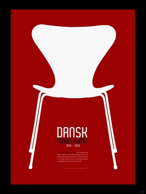 The image is a minimalist, flat graphic poster featuring a stark white silhouette of a modern chair against a solid, deep crimson red background. The chair, likely the iconic Series 7 by Arne Jacobsen, is depicted in a frontal view, showcasing its fluid, organic curves and thin, tubular metal legs. The composition is centered and symmetrical, with the chair dominating the upper two-thirds of the frame, creating a bold, iconic focal point. Below the chair, centered in the lower third, is white text in a clean, sans-serif typeface. The primary text reads 'DANSK' in large, bold letters, followed by 'MØBELKUNST' in a slightly smaller, lighter weight, and '1945 - 1970' beneath that. Below this, there is a block of smaller, less legible body text, also in white, providing descriptive information. The visual aesthetic is a prime example of mid-century modern graphic design, characterized by its flat, illustrative style, high contrast, and limited color palette of pure white and deep red. The lighting is non-representational, as the image uses flat color fields without gradients or shadows, emphasizing shape and form over dimensionality. The texture is smooth and matte, with no visible grain or material detail, reinforcing the clean, graphic quality. The shape language is a striking contrast between the organic, sculptural curves of the chair's silhouette and the rigid, geometric lines of the typography. The overall mood is sophisticated, bold, and timeless, evoking the elegance and functional clarity of Danish design.