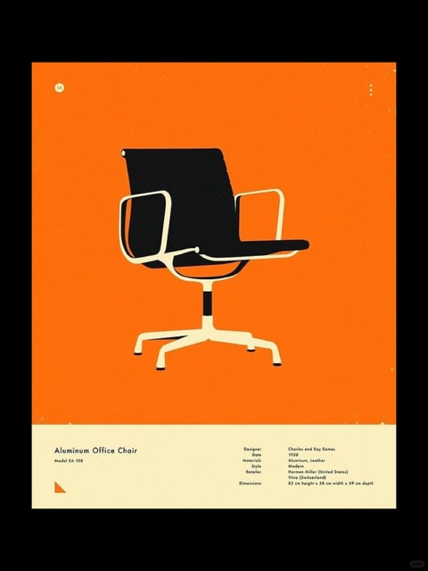 This image is a flat, illustrative poster featuring a single modern office chair as its central subject, set against a vibrant, textured orange background. The chair, an Eames Aluminum Group Model EA 108, is rendered in a minimalist, graphic style with a black seat and backrest and a cream-colored aluminum frame, positioned centrally in a three-quarter view. The composition is clean and balanced, with the chair occupying the middle ground and a wide, cream-colored information panel at the bottom. Visible text in English, located in the lower panel, includes the title 'Aluminum Office Chair', model number 'EA 108', and detailed specifications such as 'Designer: Charles and Ray Eames', 'Date: 1958', 'Materials: Aluminum, Leather', and dimensions. The visual aesthetic is a stylized, flat illustration with a slight grainy texture, using a high-contrast color palette of saturated orange, deep black, and warm cream. Lighting is implied through flat color blocks rather than realistic shading, creating a bold, graphic mood. The shape language is defined by the chair's clean, geometric lines and smooth curves, with sharp edges and no visible texture on the surfaces, emphasizing its modern, industrial design. The overall atmosphere is retro-modern, energetic, and informative, typical of mid-century design documentation.