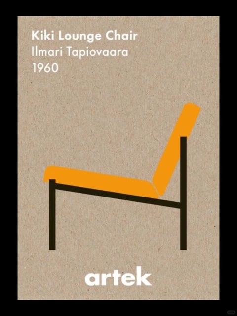 The image is a minimalist, flat-design poster featuring a stylized illustration of the Kiki Lounge Chair. The composition is centered on a textured, light brown kraft-paper-like background, with the chair rendered in a simplified, geometric style using solid blocks of color: a vibrant, saturated orange for the seat and backrest, and a dark, almost black, brown for the frame and legs. The visual aesthetic is clean, illustrative, and graphic, with no shading or gradients, relying on flat shapes and sharp edges to define the form. The color language is high-contrast, pairing the warm, energetic orange against the neutral, earthy background and dark structural lines. Lighting is implied through the flat color application rather than rendered, creating a uniform, graphic look. Texture is primarily conveyed by the subtle, fibrous grain of the background material, suggesting recycled paper or cardboard, while the chair elements appear smooth and matte. The composition is balanced and symmetrical, with the chair shown in a side profile view, occupying the lower two-thirds of the frame, and text placed in the upper left and bottom center. The shape language is strictly geometric and angular, with straight lines and sharp corners defining the chair's structure, emphasizing a modernist, functional design. The mood is calm, sophisticated, and retro-modern, evoking a sense of timeless Scandinavian design. Visible text in the upper left corner reads 'Kiki Lounge Chair', 'Ilmari Tapiovaara', and '1960' in a clean, white, sans-serif font, identifying the object, designer, and year. At the bottom center, the word 'artek' appears in a bold, white, lowercase sans-serif typeface, indicating the brand or manufacturer.