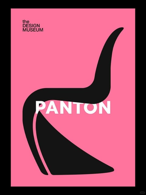 This is a flat, illustrative poster featuring a stylized, black silhouette of the iconic Panton chair as the central subject, set against a solid, vibrant bubblegum pink background. The composition is minimalist and graphic, with the chair's fluid, S-shaped form dominating the frame and creating a strong, curvilinear negative space. Visible text includes the words 'the DESIGN MUSEUM' in a small, black, sans-serif font positioned in the upper left corner, and the word 'PANTON' in large, bold, white, sans-serif capital letters horizontally overlaid across the middle of the chair's silhouette, serving as both a label and a key graphic element. The visual aesthetic is characterized by high-contrast, flat design with no gradients or shading, relying on bold shapes and a limited color palette. The color language is stark and saturated, pairing the intense pink with pure black and white for maximum visual impact. The lighting approach is non-representational, as the flat rendering eliminates any directional light or shadow, creating a graphic, posterized effect. Texture and material feel are absent, emphasizing the smooth, vector-like quality of the shapes. The composition follows a centered, symmetrical arrangement with the chair's form providing dynamic movement through its curves. Shape language is defined by the organic, flowing lines of the chair contrasted against the rigid geometry of the typography. The mood is modern, bold, and graphic, conveying a sense of iconic design and clean, contemporary style.