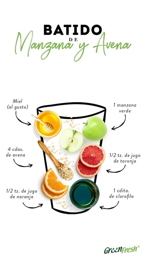 This image is a clean, modern recipe graphic for an Apple and Oat Smoothie, presented in a flat-lay composition with a minimalist aesthetic. The main subject is a stylized, black-outlined glass silhouette that acts as a container for the recipe's ingredients, which are arranged both inside and around its form against a stark white background. The visual elements include photorealistic depictions of a whole green apple, a halved green apple, slices of pink grapefruit and orange, a wooden spoon filled with rolled oats, a small bowl of golden honey with a dipper, and a small glass of dark green chlorophyll liquid. The text is in Spanish, with the title 'BATIDO DE Manzana y Avena' (Apple and Oat Smoothie) at the top in a combination of bold black sans-serif and elegant green script fonts. Ingredient labels with quantities (e.g., '1 manzana verde', '4 cdas. de avena', 'Miel (al gusto)') are placed around the glass outline with thin, curved black arrows pointing to their corresponding items. The visual aesthetic is a hybrid of clean graphic design and realistic food photography, using a bright, high-key lighting approach that casts soft, subtle shadows, enhancing the fresh and healthy mood. The color language is dominated by vibrant, natural tones—vivid greens, warm oranges, and deep pinks—set against the neutral white and black graphic elements, creating a high-contrast, appetizing palette. Textures are rendered with tactile clarity: the waxy skin of the apple, the juicy pulp of the citrus, the granular oats, and the viscous honey. The composition is balanced and instructional, using the glass outline as a framing device to organize the ingredients spatially. The shape language combines the organic, irregular forms of the food with the clean, geometric lines of the glass and text elements. The overall atmosphere is fresh, wholesome, and energetic, conveying a sense of vitality and natural wellness.